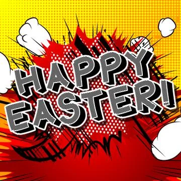 Happy Easter text on comic book background. Vector cartoon character illustra Ilustración de archivo
