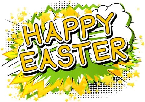 Happy Easter text on comic book background. Vector cartoon character illustra Ilustración de archivo
