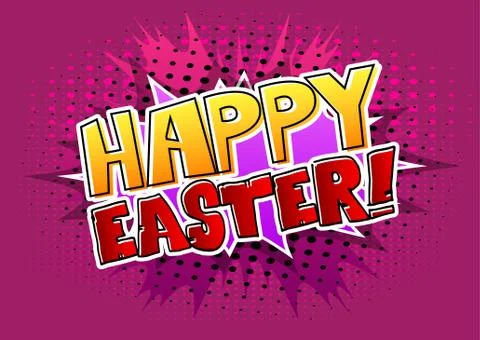 Happy Easter text on comic book background. Vector cartoon character illustra Ilustración de archivo