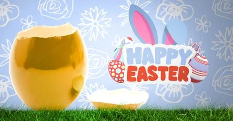 Happy Easter text with Cracked Easter egg in front of pattern Illustrazione stock