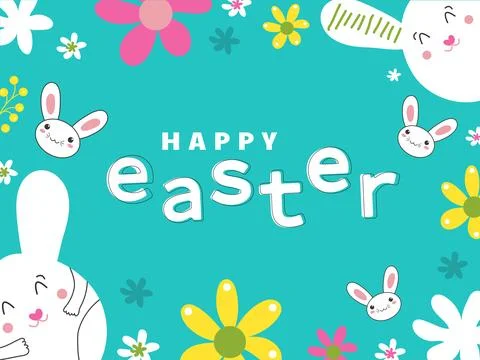 Happy Easter Text, Cute Bunny Face and Flower Decorate Turquoise Background. Stock Illustration