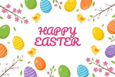 Happy Easter Text with Cute Chicks, Colorful Eggs, and Spring Flowers Illus.. イラスト素材