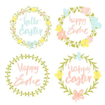 Happy Easter text in decorative floral wreathes. Greeting Easter floristic .. Stock Illustration