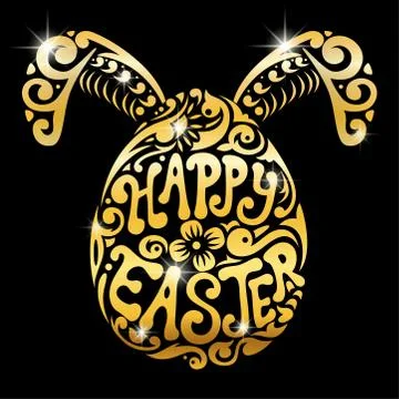 Happy easter text with decorative gold easter egg and bunny ears Stock Illustration