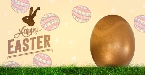 Happy Easter text with Easter Egg in front of pattern Stock Illustration