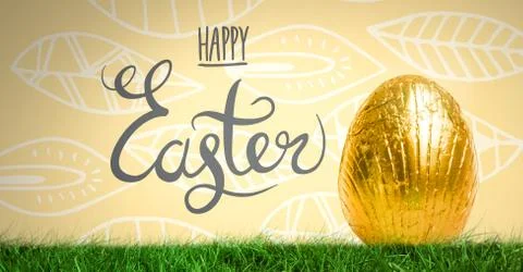 Happy Easter text with Easter Egg in front of leaf pattern Stock Illustration