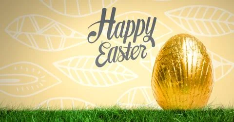 Happy Easter text with Easter Egg in front of leaf pattern Stock Illustration