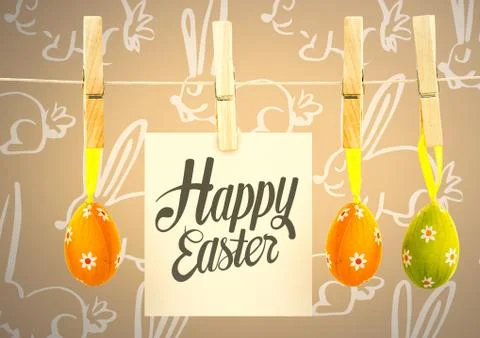 Happy Easter text with Easter Eggs on pegs with note in front of pattern Stock Illustration