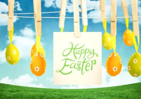 Happy Easter text with Easter Eggs with note on pegs in front of pattern Stock Illustration