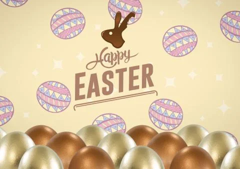 Happy Easter text with Easter eggs in front of pattern Stock Illustration
