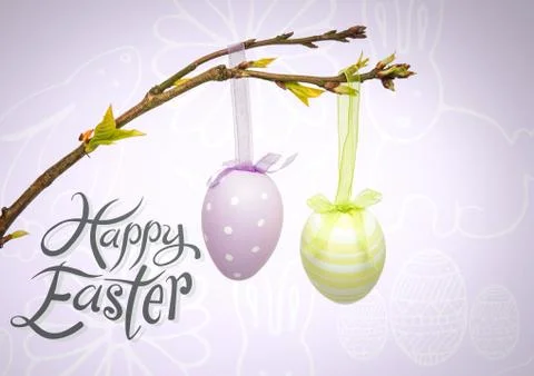 Happy Easter text with Easter eggs hanging on branch in front of pattern Stock Illustration