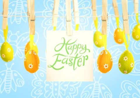 Happy Easter text with Easter Eggs with note on pegs in front of pattern Stock Illustration