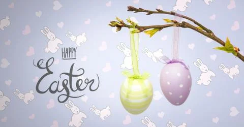 Happy Easter text with Easter eggs on branch in front of pattern Stock Illustration