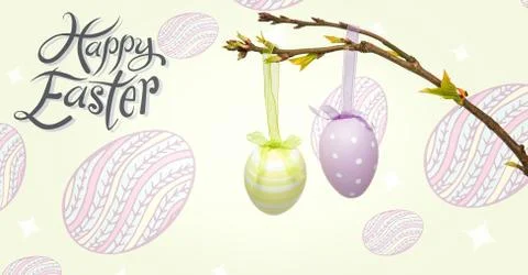 Happy Easter text with Easter eggs hanging on branch in front of pattern Stockillustratie