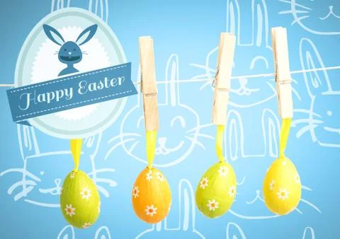 Happy Easter text with Easter Eggs on pegs in front of pattern Stock Illustration