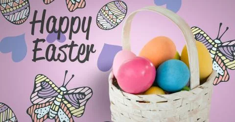 Happy Easter text with Easter eggs in front of pattern Stock-Fotos