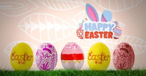 Happy Easter text with Easter eggs in front of pattern Stock Fotos