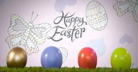 Happy Easter text with Easter eggs in front of pattern Stock Photos
