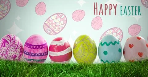 Happy Easter text with Easter eggs in front of pattern Stock Photos