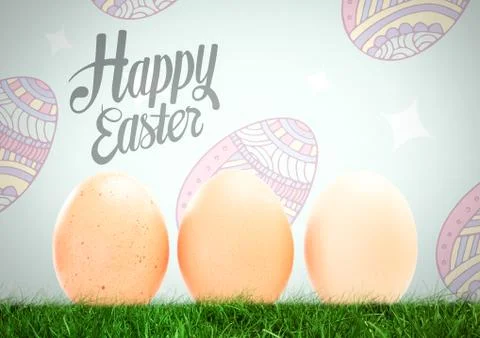 Happy Easter text with Easter eggs in front of pattern Foto stock