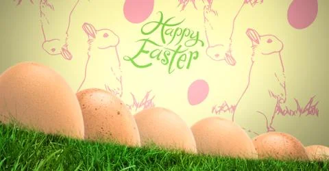 Happy Easter text with Easter eggs in front of pattern Stock Photos