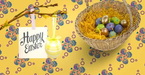 Happy Easter text with Easter eggs in front of pattern Stock-Fotos