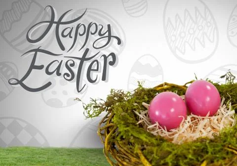 Happy Easter text with Easter eggs in nest in front of pattern 库存照片