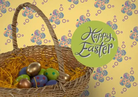 Happy Easter text with Easter eggs in basket in front of pattern Stock Photos