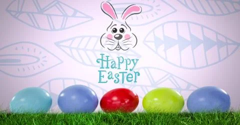 Happy Easter text with Easter eggs in front of pattern Foto stock