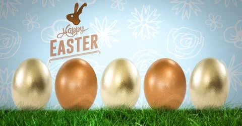 Happy Easter text with Easter eggs in front of pattern 스톡 사진