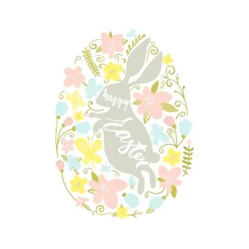 Happy Easter text. Easter rabbit and floral elements inside egg shaped. Gre.. Stock Illustration