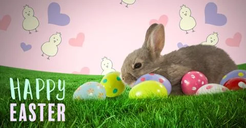 Happy Easter text with Easter rabbit with eggs in front of pattern Foto stock