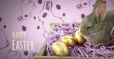 Happy Easter text with Easter Rabbit with eggs and pattern Foto stock