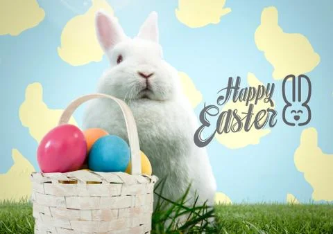 Happy Easter text with Easter rabbit with basket in front of pattern 库存照片