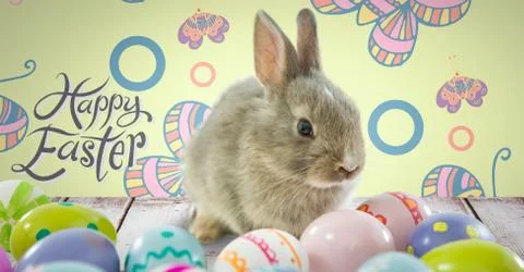 Happy Easter text with Easter rabbit with eggs in front of pattern Stock Photos