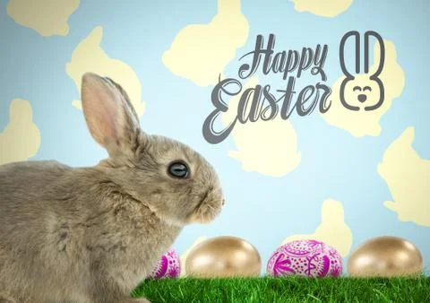 Happy Easter text with Easter rabbit with eggs in front of pattern Stock Photos