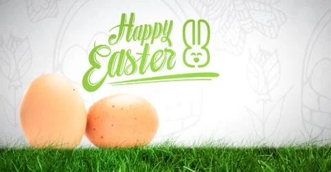 Happy Easter text with Eggs in front of pattern 库存照片