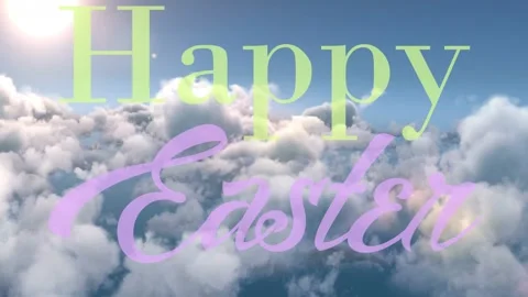 Happy Easter text fixed over clouds, sunlight drifting behind with flare, Stock Footage 330355140