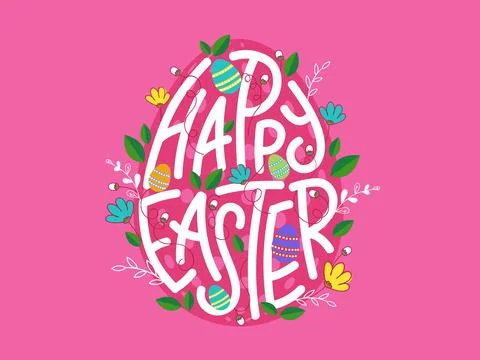 Happy Easter Text with Floral Decorate Egg Shape on Pink Background. Can Be.. Illustrazione stock