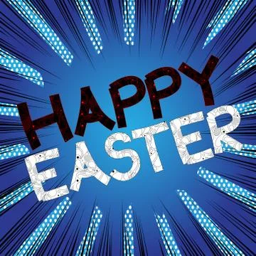 Happy Easter text with floral pattern on comic book background. Vector cartoo Illustrazione stock
