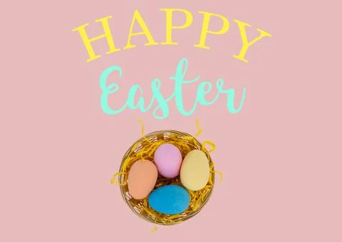 Happy easter text with flowers and easter eggs in basket on pink background Stock Photos