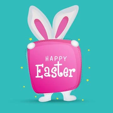 Happy Easter Text Frame or Card Holding Bunny Character on Turquoise Backgr.. Stock Illustration