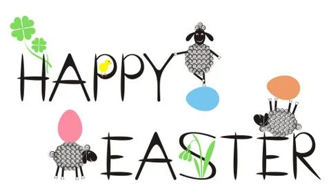 Happy easter text with funny lambs, eggs, chicken, quatrefoil and snowdrop Stock Illustration