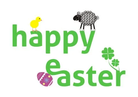 Happy easter text with funny lambs, eggs, chicken and quatrefoil Stock Illustration