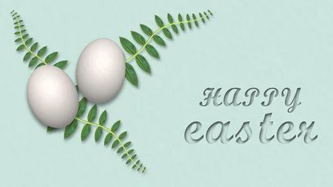 Happy easter text on light blue textured background with realistic white eg.. Stock Illustration