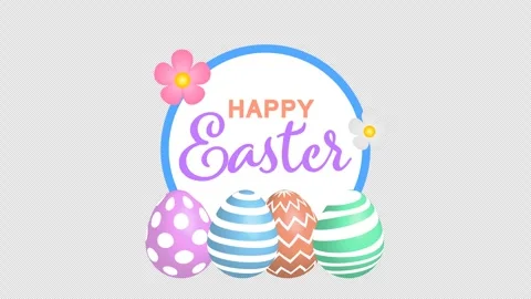 Happy Easter text logo animation with easter eggs and flowers on transparent bac Stock Footage 311238703