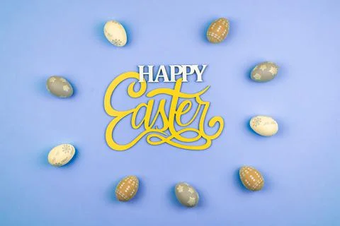 Happy Easter text message background with easter eggs Stock Photos