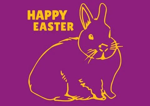 Happy easter text in orange with easter bunny on purple background Stock Illustration