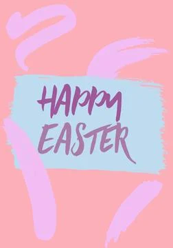 Happy easter text over blue painted rectangle on pink background Stock Illustration