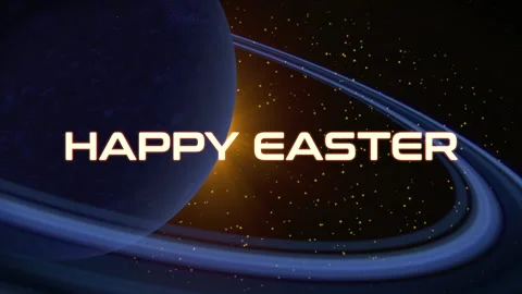 Happy Easter text with Saturn planet in galaxy 動画素材 258728793